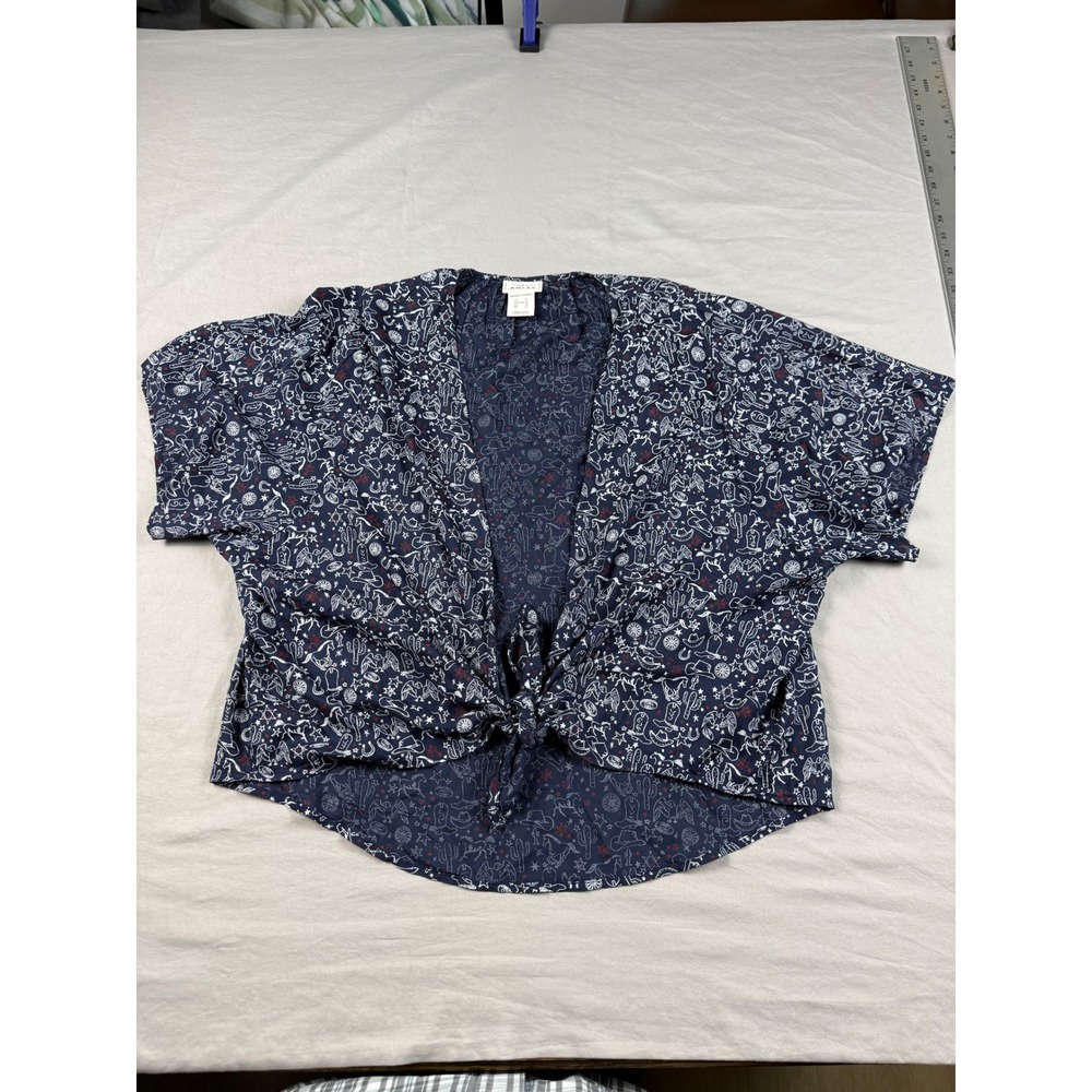 Ariat Womens XL Navy Blue Howdy Print Wrap Tie Front Short Sleeve Top